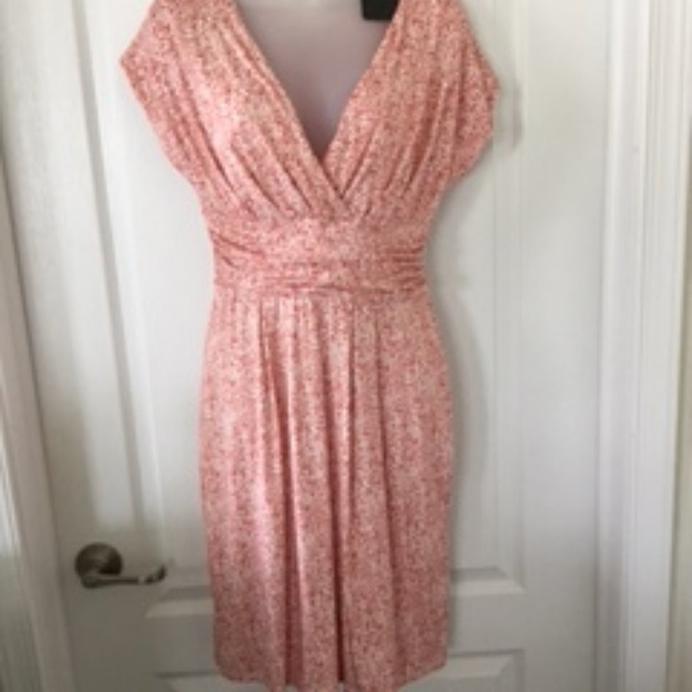 coral and beige dress